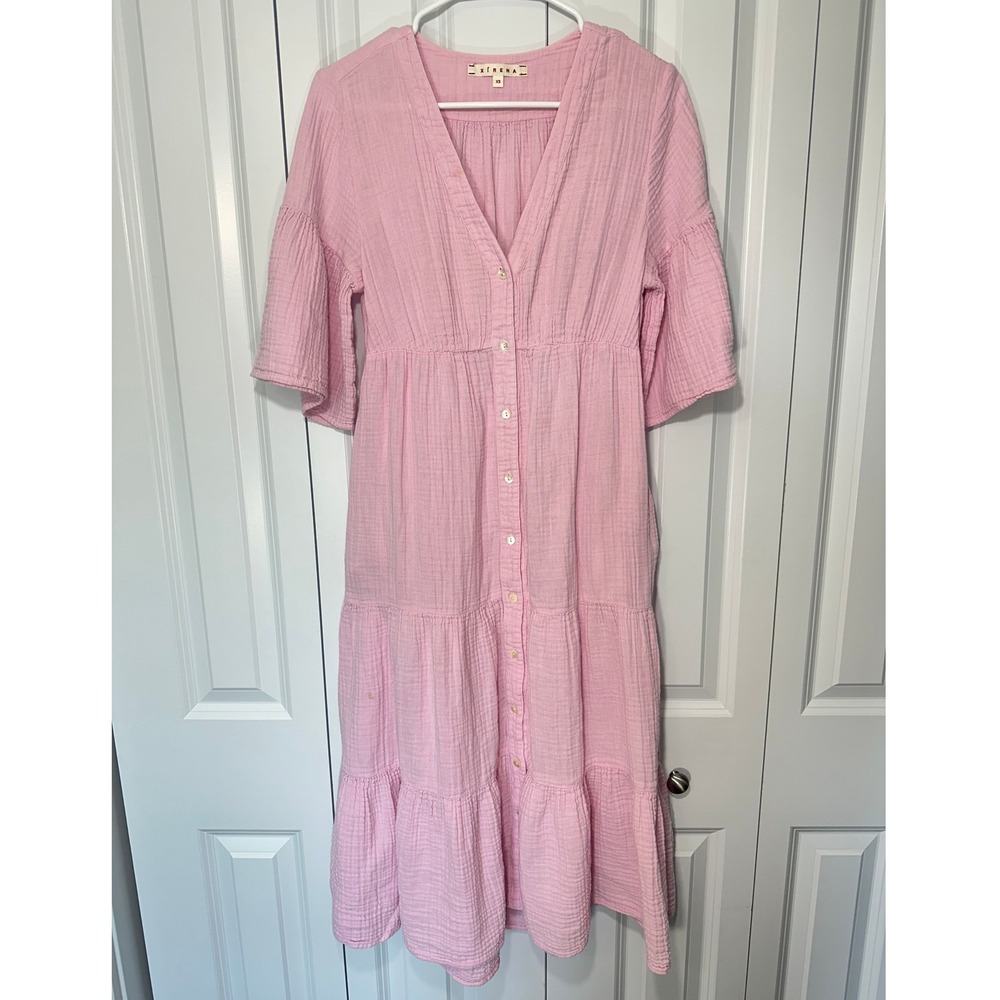 Xirena Lennox Midi Dress Womens XS Pink Cotton Gauze‎ Tiered Button Front Pearl